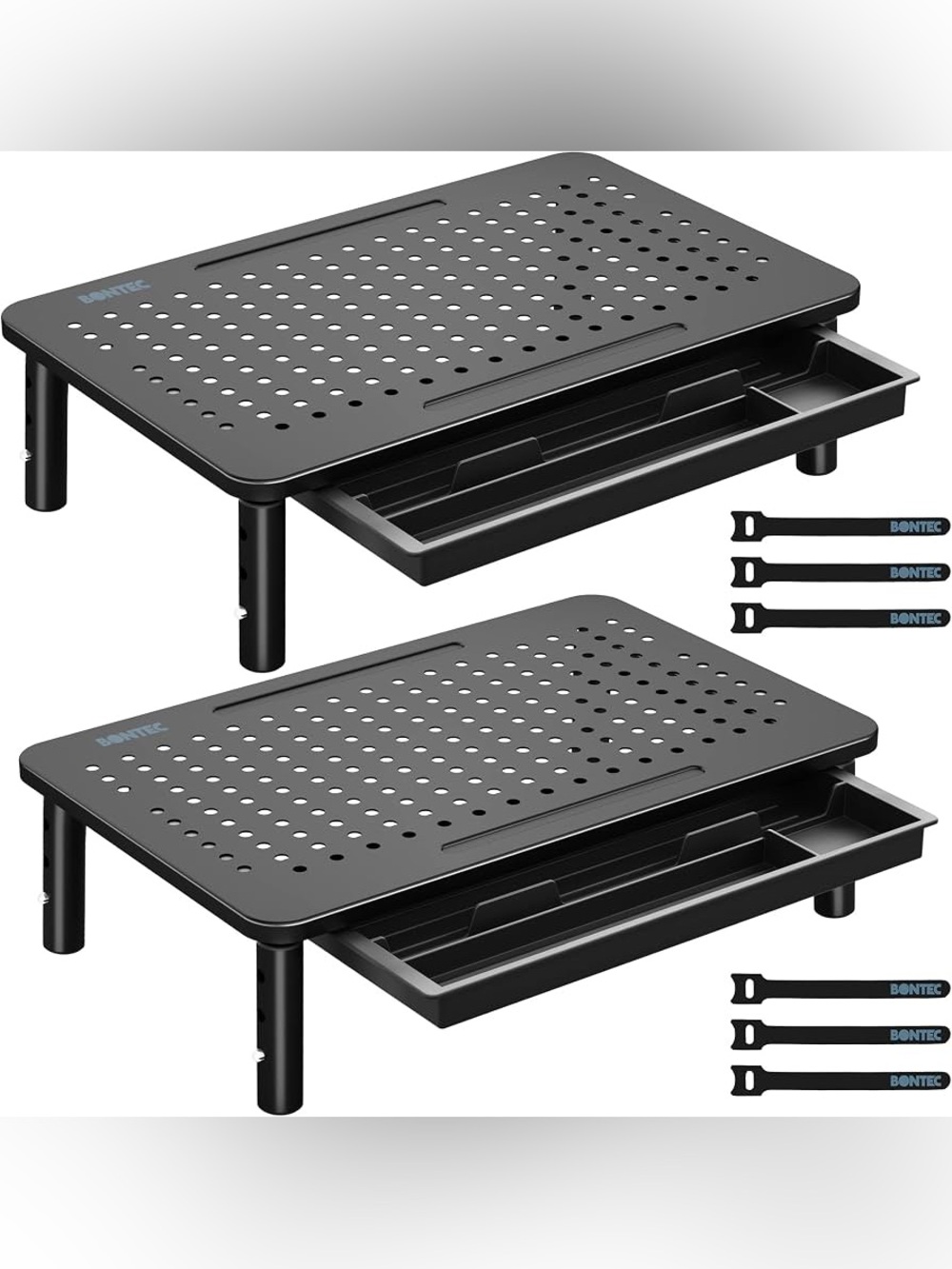 Black Adjustable Laptop Riser with Slide-Out Drawer (Set of 2)